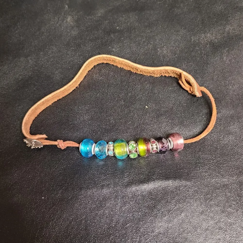 Vintage 90s Handmade leather rainbow glass bead choker